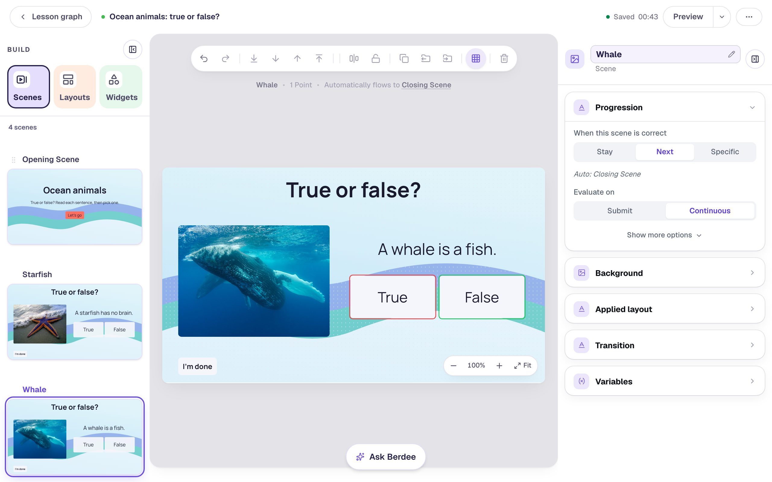 The Whale scene with a photo of a humpback whale underwater, A whale is a fish., and True and False with False outlined in green