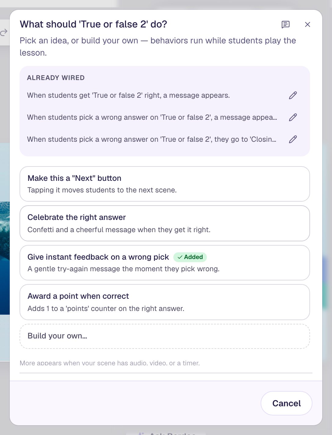 The behaviors window for True or false 2 listing the two messages and going to Closing Scene on a wrong answer