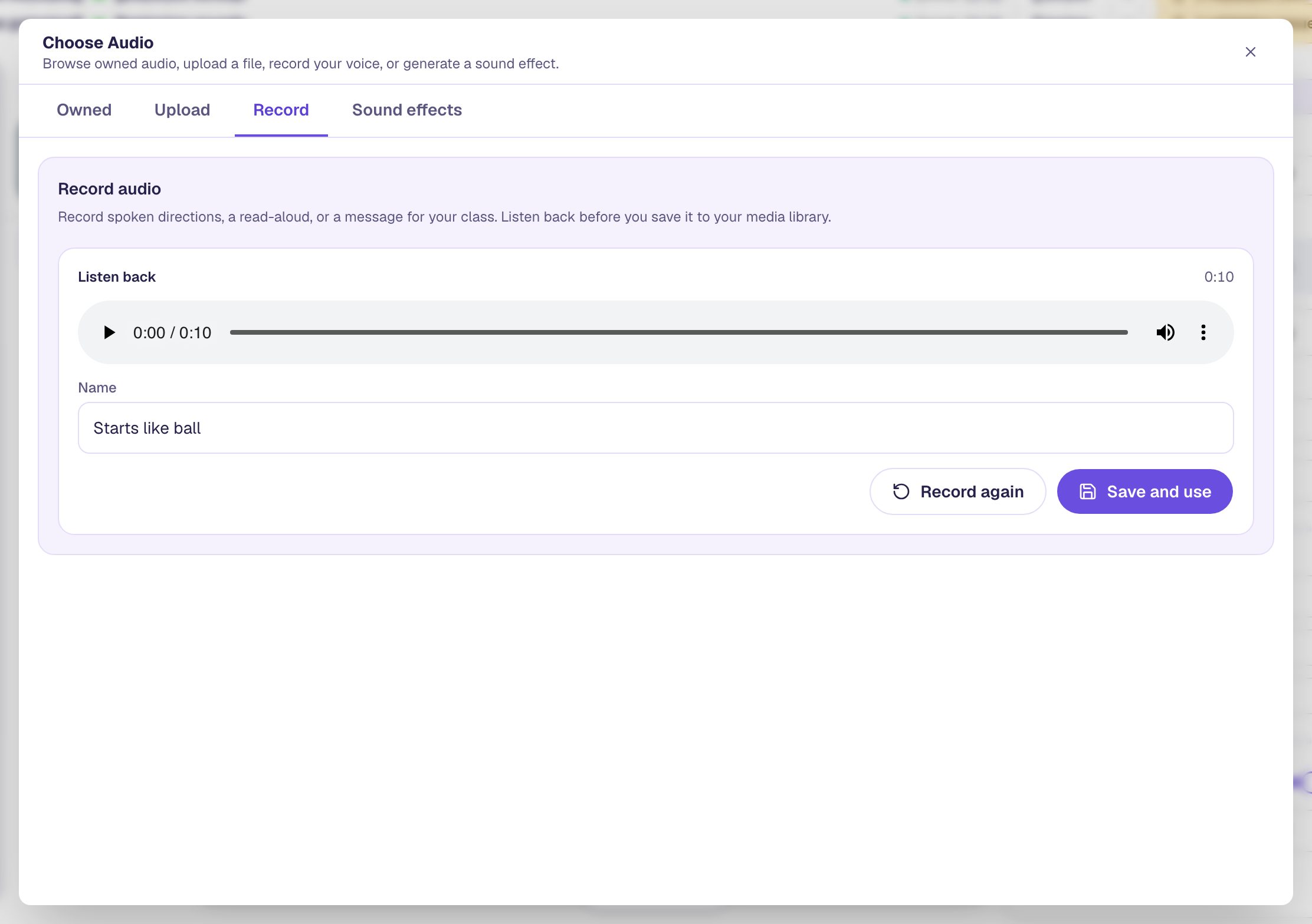 The Listen back panel with a player for the recording, the Name field set to Starts like ball, and the Record again and Save and use buttons