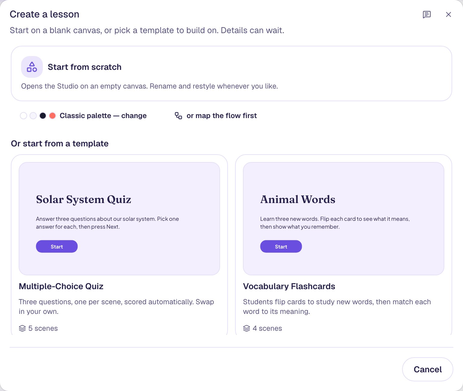 The Create a lesson dialog with Start from scratch at the top and the Or start from a template shelf below it, showing Multiple-Choice Quiz and Vocabulary Flashcards