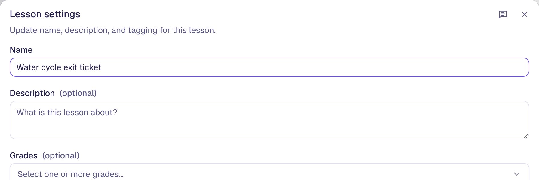 The Lesson settings dialog with Water cycle exit ticket typed into the Name field