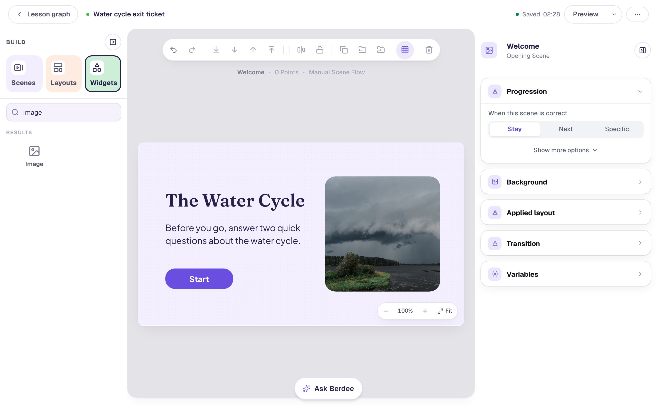 The Welcome scene reading The Water Cycle, with the new introduction and the Start button on the left and a photo of dark rain clouds over a lake on the right