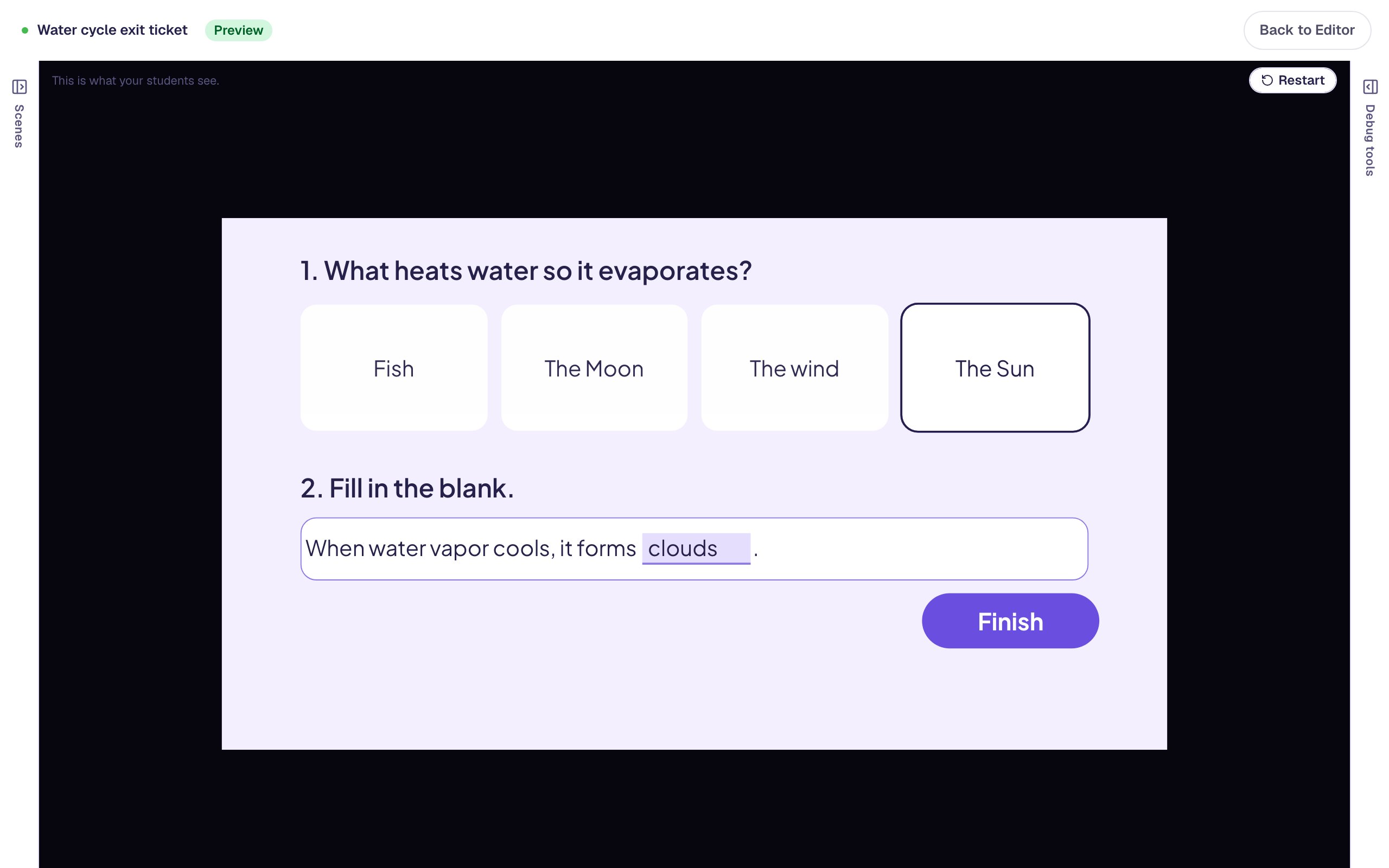 Preview of the question scene with The Sun selected and clouds typed into the blank, above the Finish button