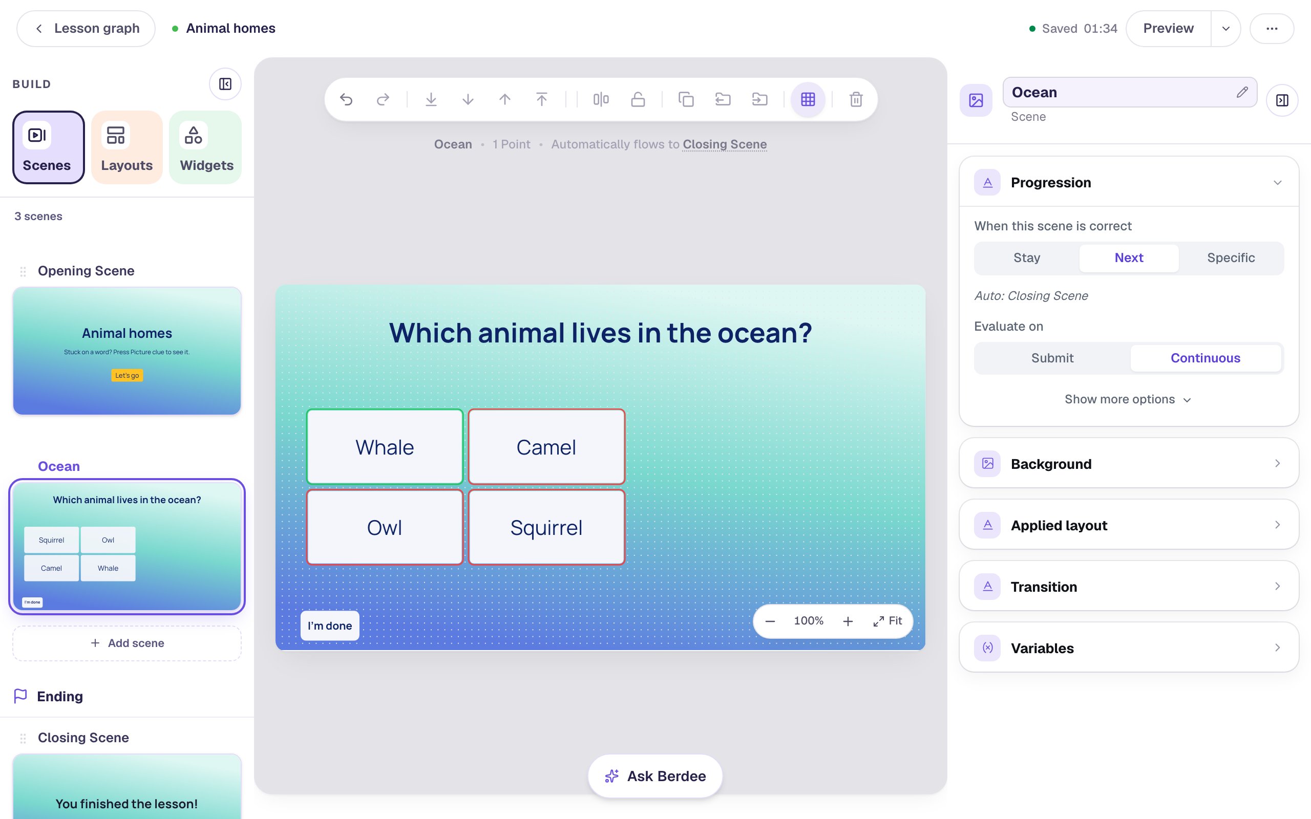 The Ocean scene in the studio on a teal-to-blue gradient: the heading Which animal lives in the ocean?, four answers Whale, Camel, Owl and Squirrel in a two-by-two grid on the left with Whale marked correct, an empty right half, and a small I'm done button in the corner