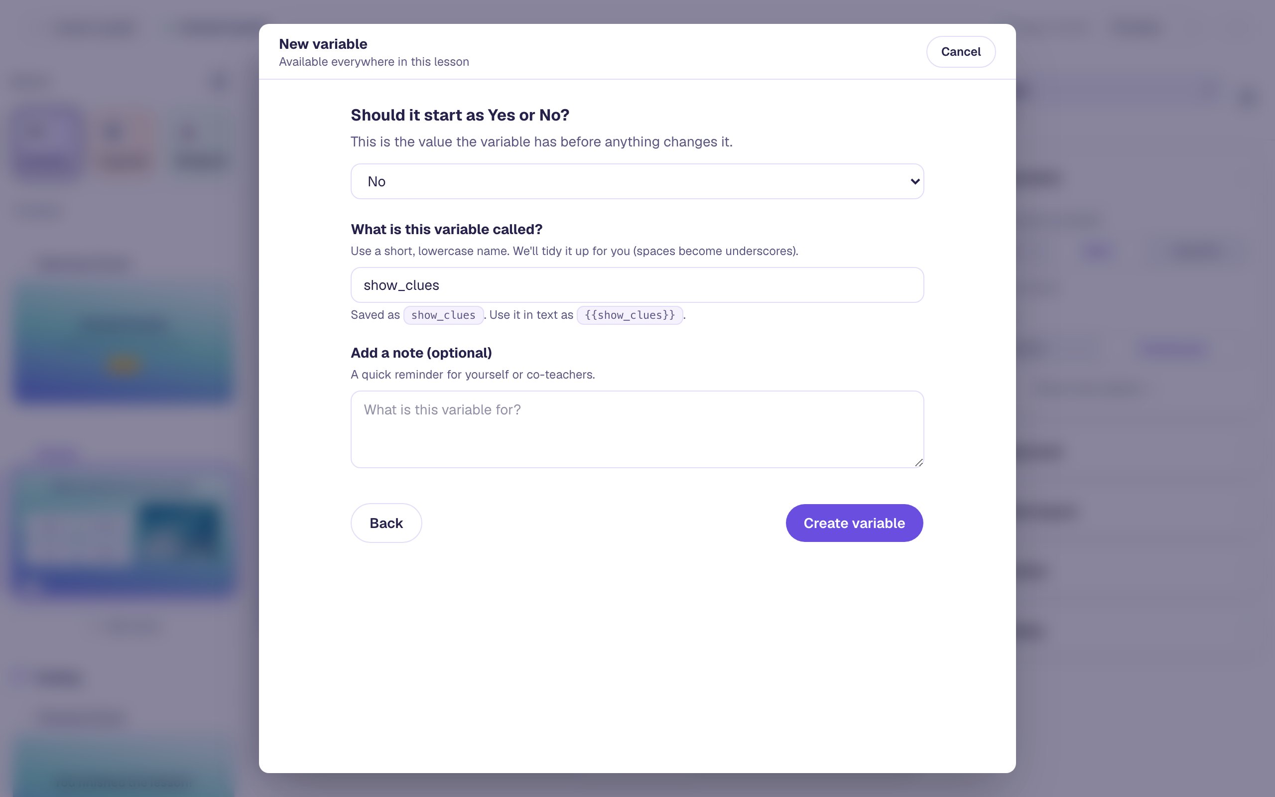 The New variable form: Should it start as Yes or No? set to No, and the name show_clues, saved as show_clues