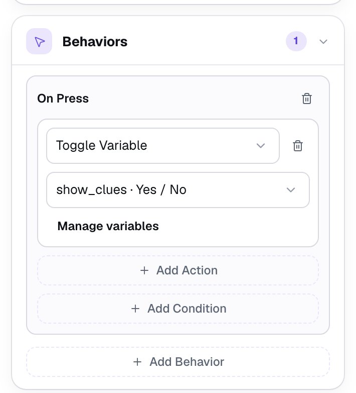 The Picture clue button's Behaviors section: an On Press behavior with one action, Toggle Variable, set to show_clues