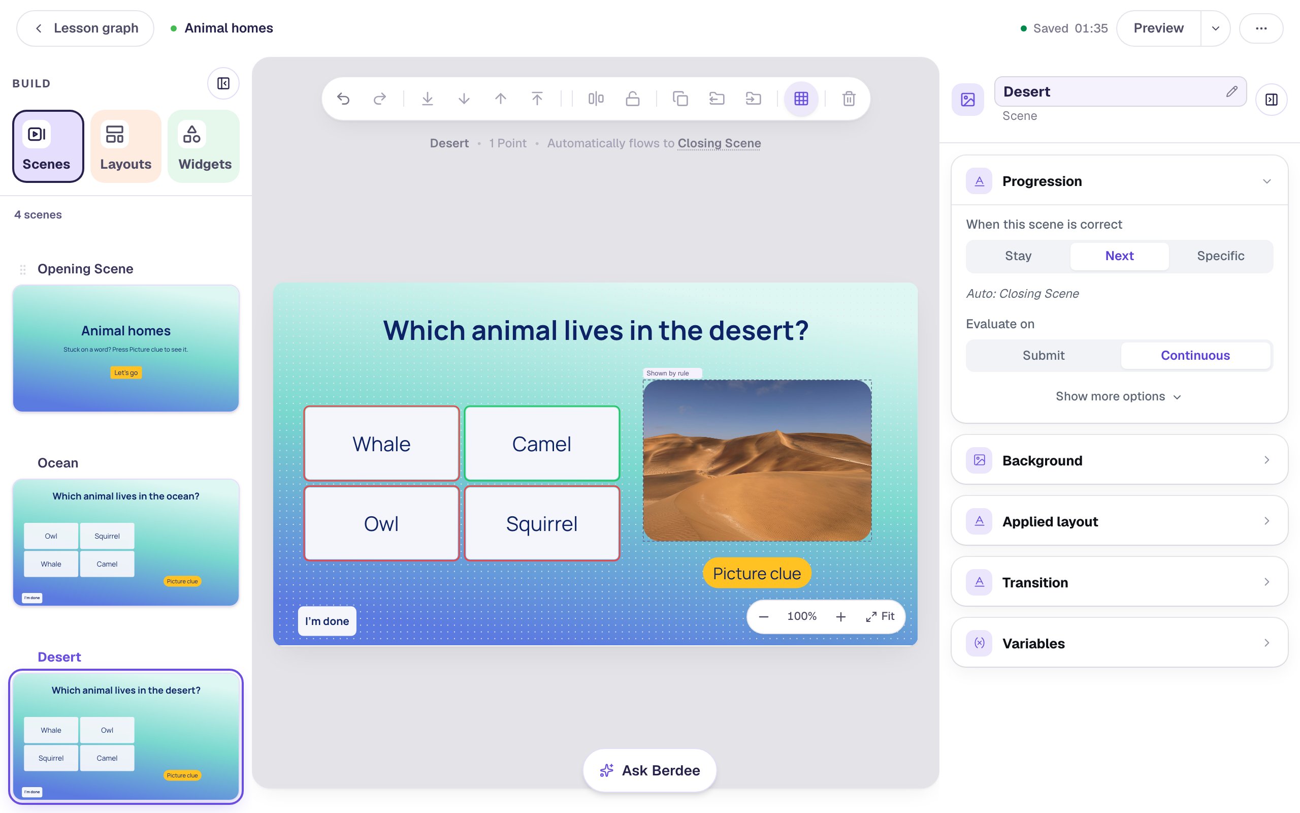 The Desert scene in the studio: the heading Which animal lives in the desert?, the same four answers with Camel marked correct, a photo of golden sand dunes tagged Shown by rule, and the Picture clue button below it