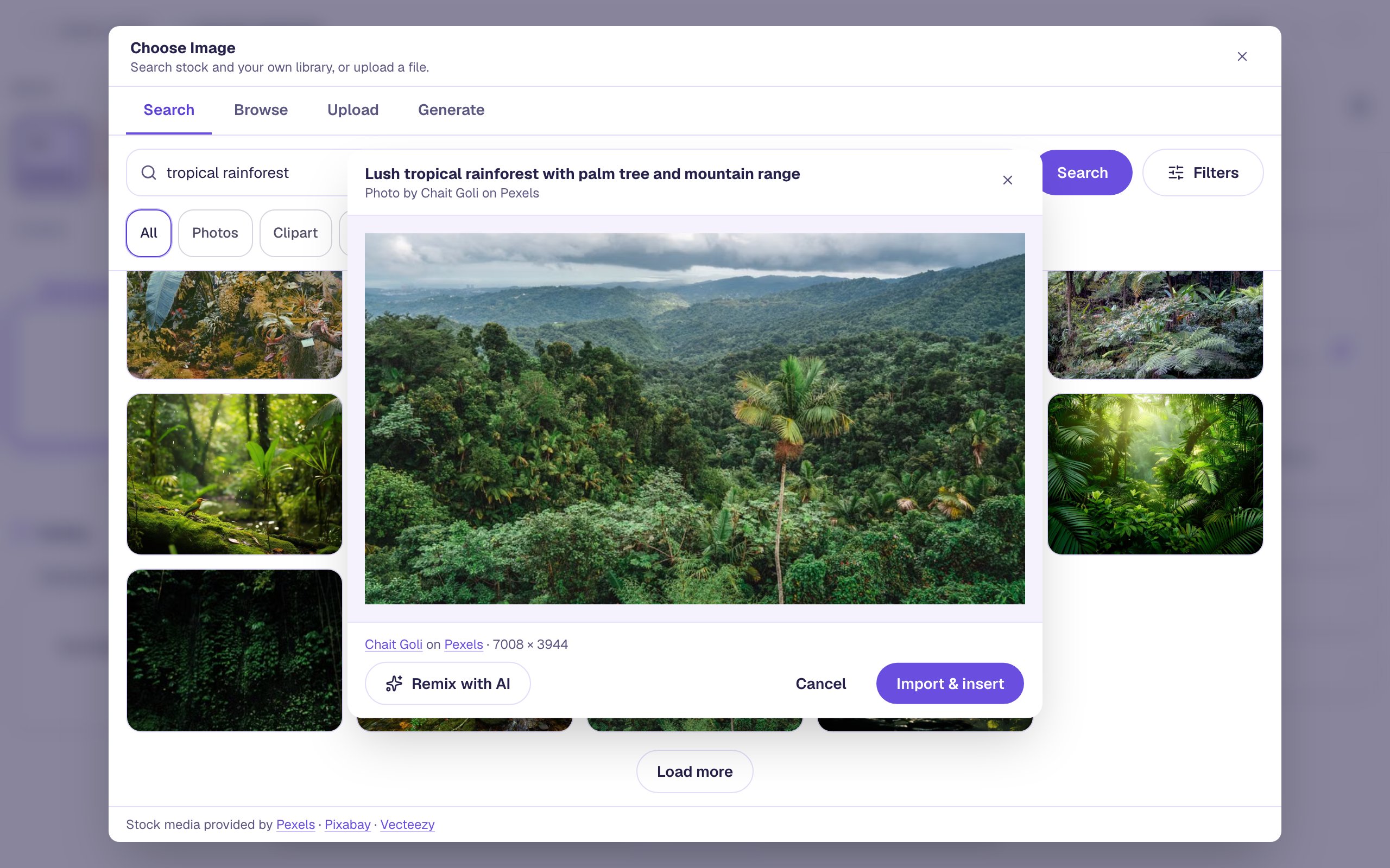 The photo's details window: Lush tropical rainforest with palm tree and mountain range, by Chait Goli on Pexels, 7008 × 3944, with Import and insert at the bottom