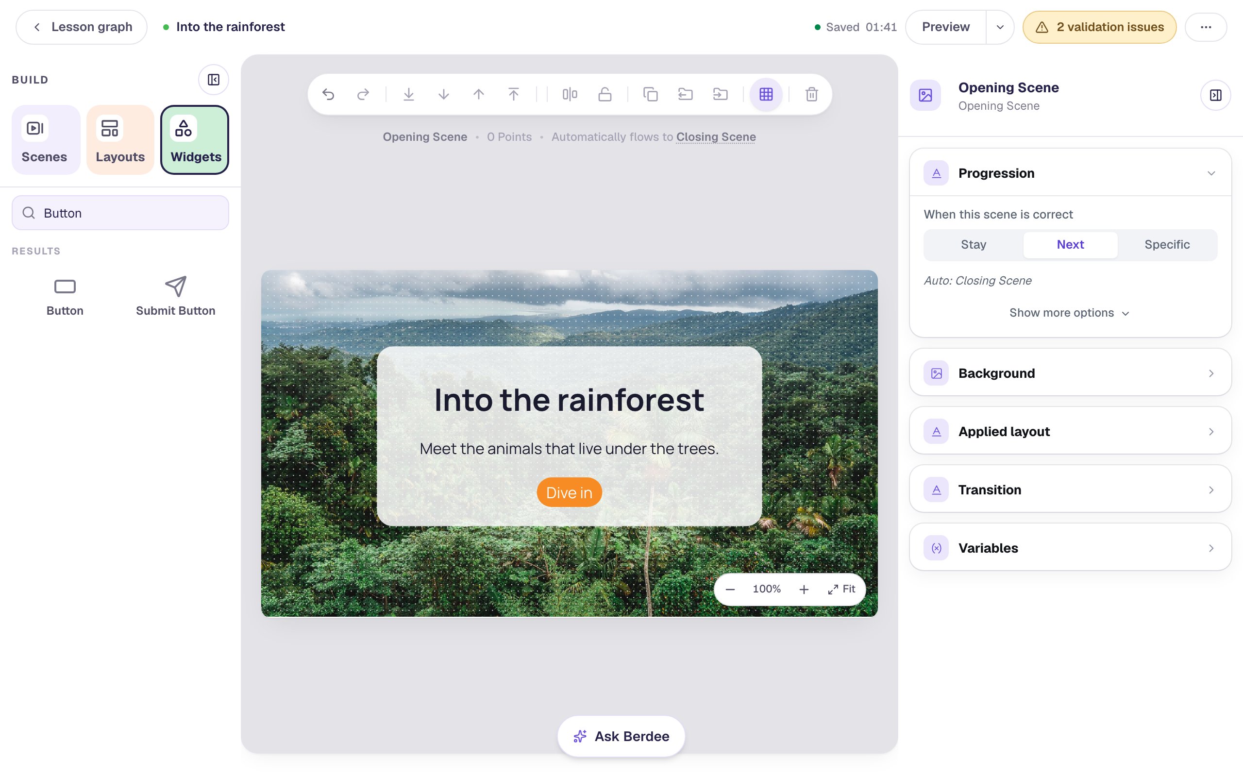 The title scene: Into the rainforest and Meet the animals that live under the trees on the frosted card, with an orange Dive in button below, all over the rainforest photo