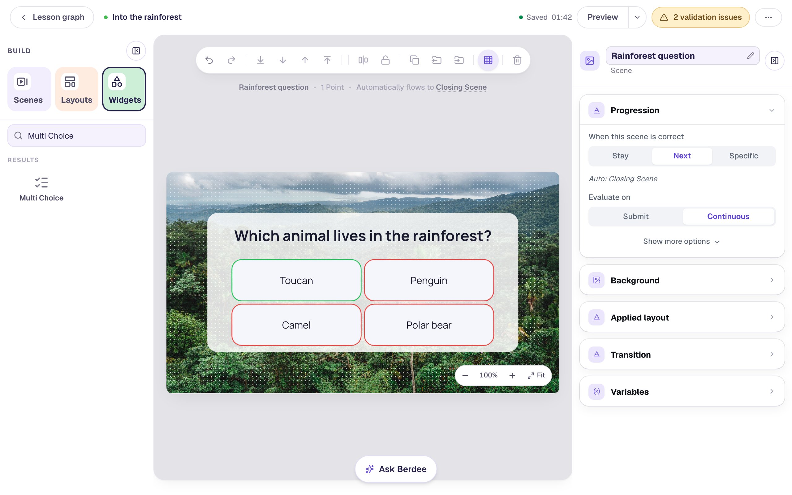 The Rainforest question scene: a frosted card on the rainforest photo with the heading Which animal lives in the rainforest? and four answers, Toucan outlined in green and Penguin, Camel and Polar bear in red