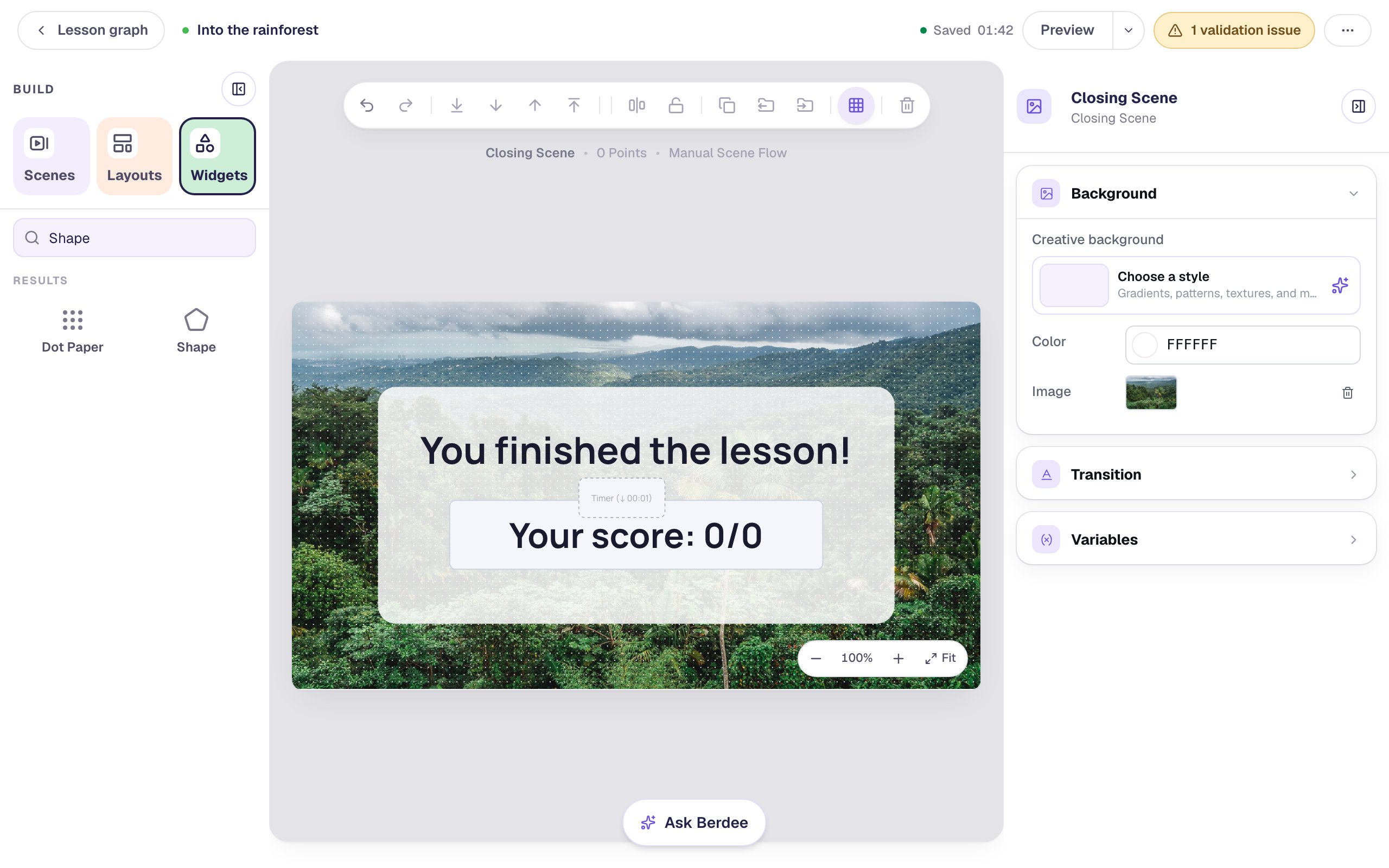 The Closing Scene: You finished the lesson! and Your score 0/0 on a frosted card over the rainforest photo