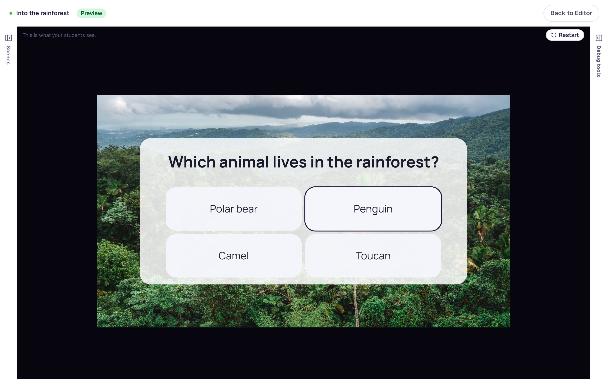 The question in Preview with Penguin selected and outlined, and the other three answers in a shuffled order